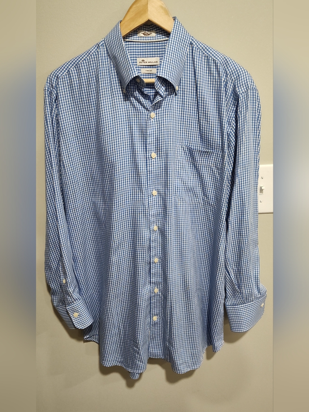 Peter Millar Men's Shirt Blue/White Checkered/Gingham Button Down Collar, Large